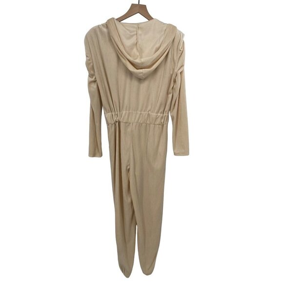 BEBE VELVET BEIGE FRONT ZIP CINCHED SHOULDER SMALL JOGGER JUMPSUIT LONG SLEEVE - Picture 5 of 5